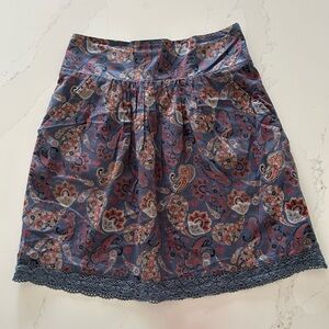 Aventura Clothing Organic Mini Skirt Lace Trim Blue/Orange Paisley Size XS